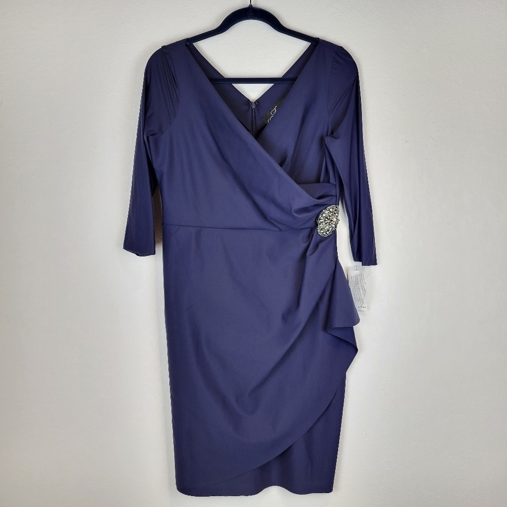 NWT Alex Evenings Surplice Sheath Dress Beaded Hip & Cascade Ruffle Dress Navy - Picture 3 of 14